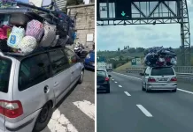 VIDEO | Mașină încărcată până la refuz și fără asigurare, traversează Italia de la sud la nord. Filmată chiar și pe autostradă 1