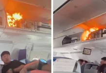 Panică și groază în avion: un incendiu a izbucnit în timpul zborului în compartimentul de bagaje de deasupra scaunelor 1